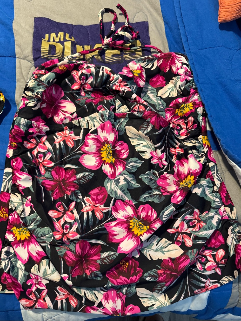 Merona Black Floral Halter Swim Top with Pink & Yellow Blossoms